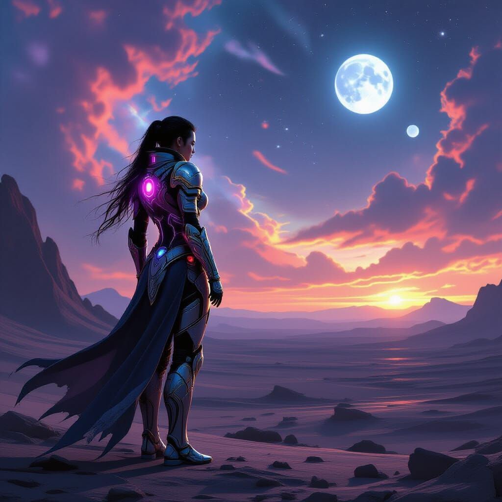 Futuristic Warrior on Alien Planet with Twin Moons