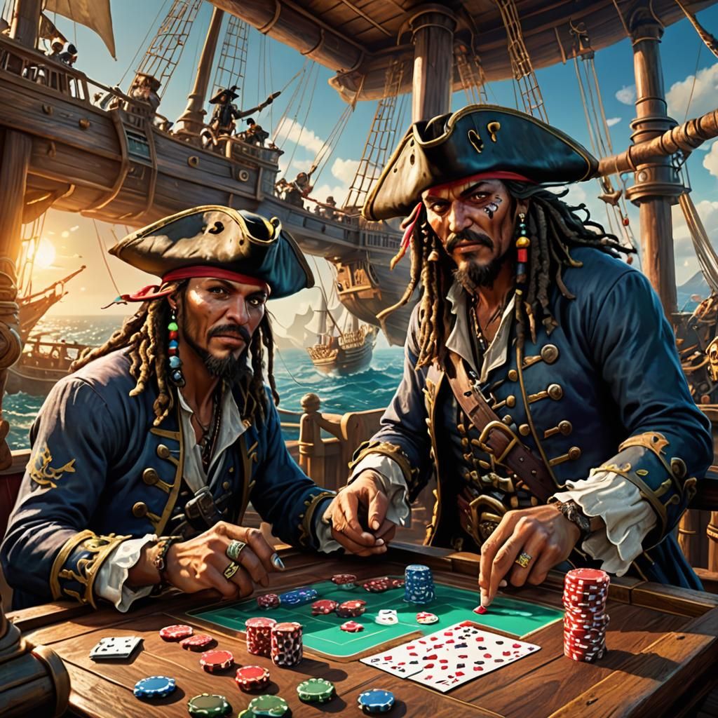 Pirates Duel at Poker on Ship: Hyperrealistic Art