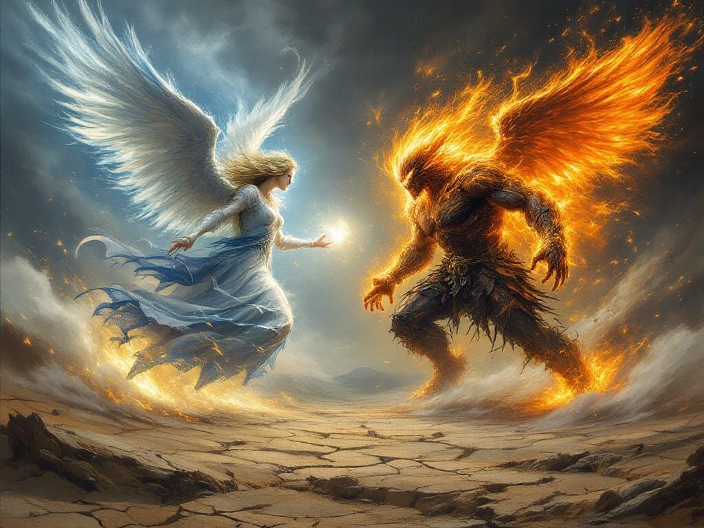 Angel and Demon Clash in a Desolate, Elemental Battle