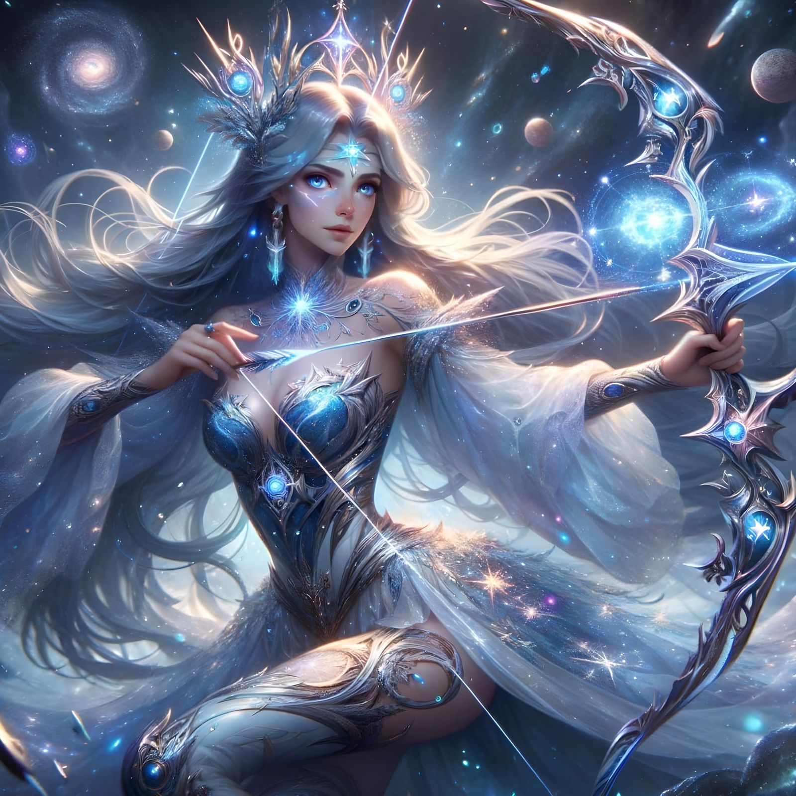 Celestial Archer Queen Amidst Cosmic Landscape
