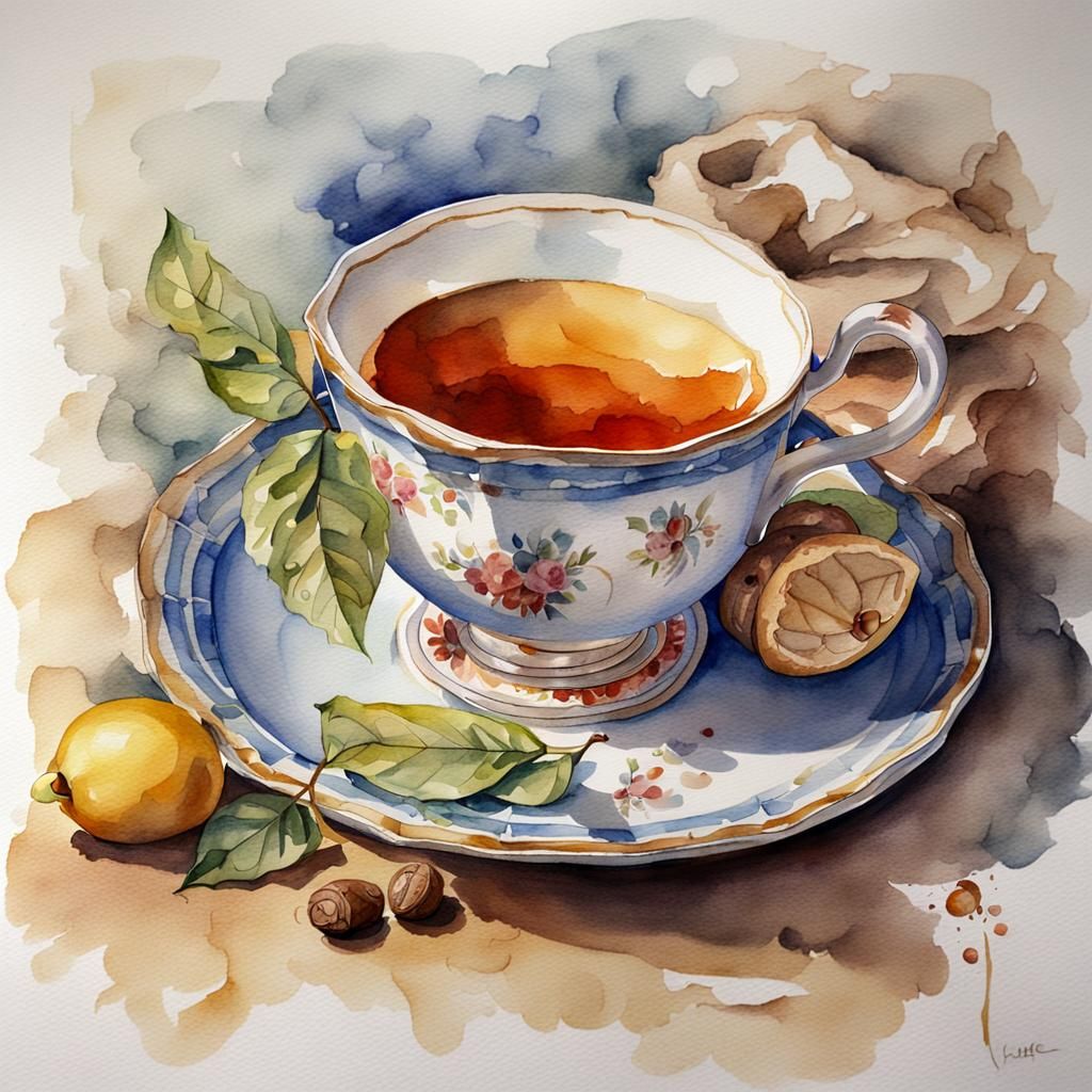 Renaissance Watercolor Painting of Tea Cup