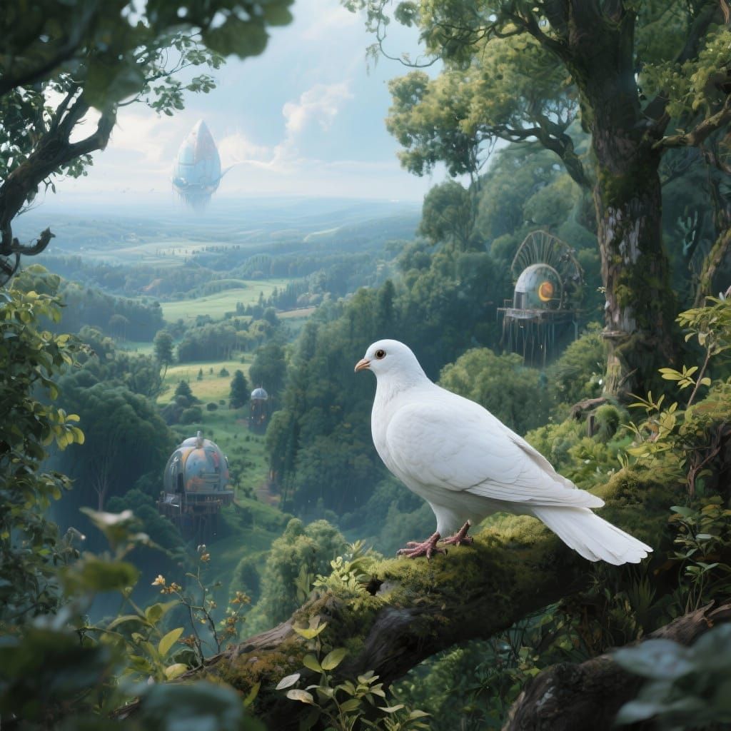 White Peacock Roaming in a Lush Forest