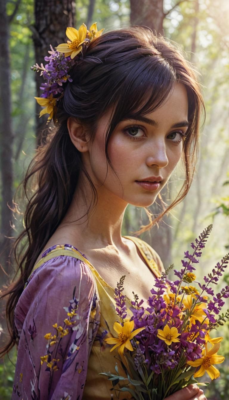 Girl with Wildflowers in Lush Forest: Digital Matte Painting