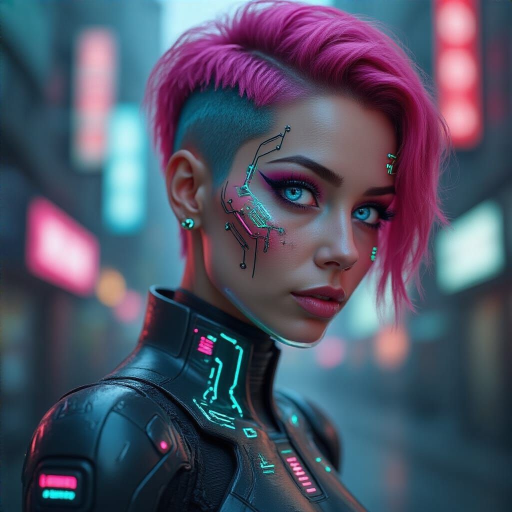 Cyberpunk Woman with Neon Cybernetics in Photorealistic Styl...