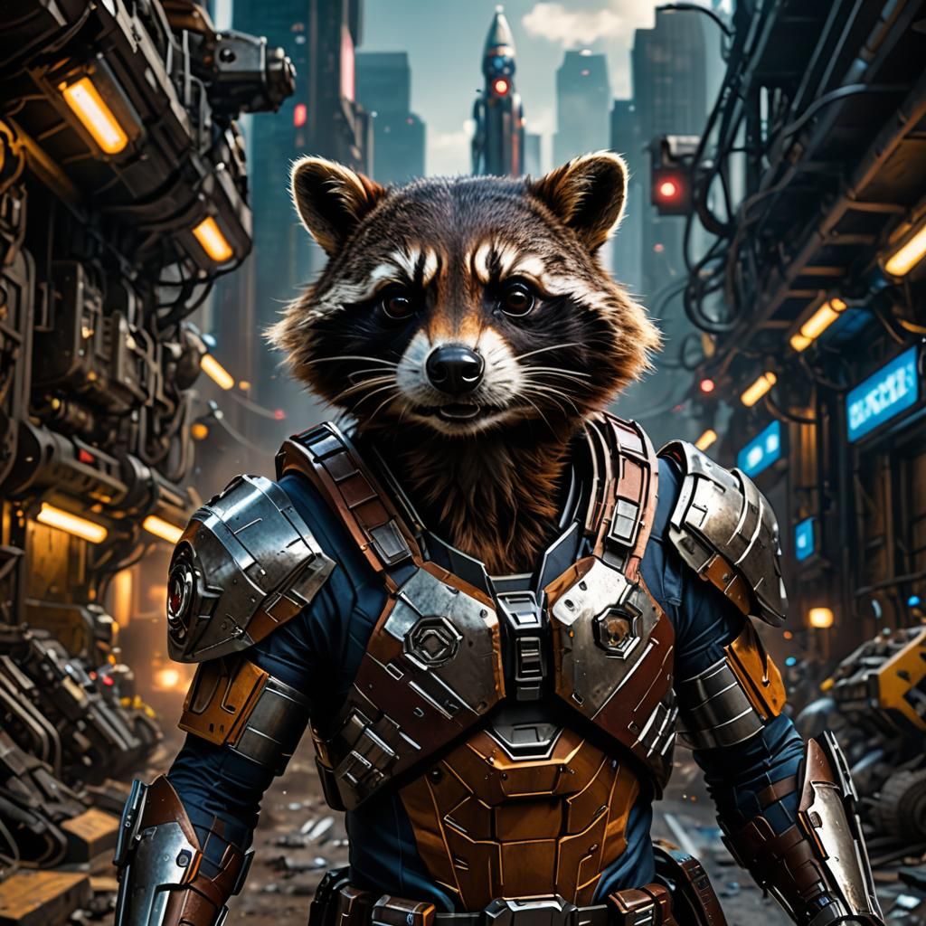 Hyperrealistic Cyborg Rocket Racoon in Cinematic Style