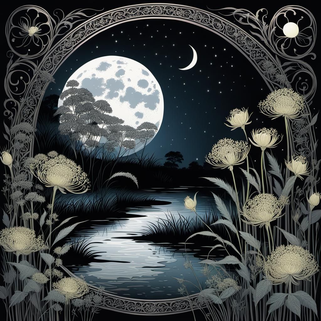 Moonlit River Scene with Queen Anne's Lace