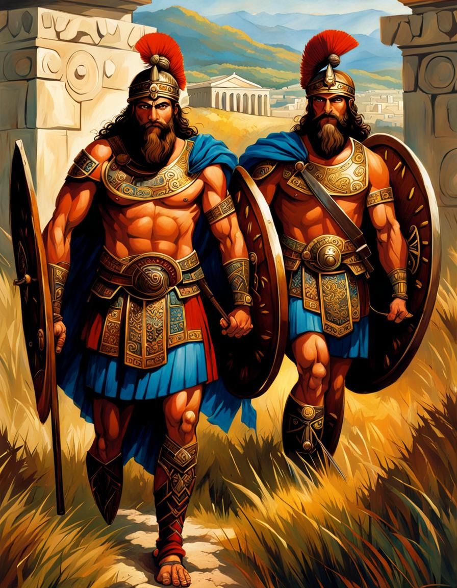 Epic Greek Warriors Guarding Gates in Fantasy Art