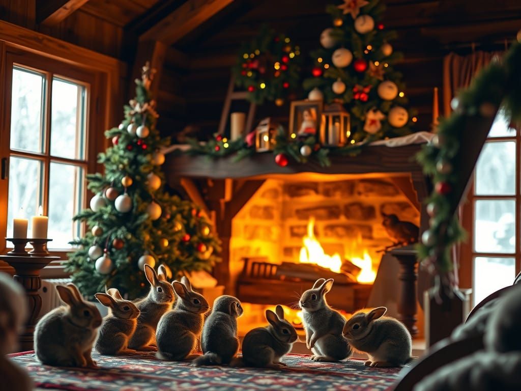 Cozy Winter Wonderland Scene with Animals and Christmas Deco...