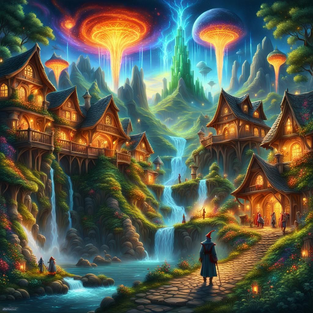 Elven Village with Wizard in Fantasy Digital Art