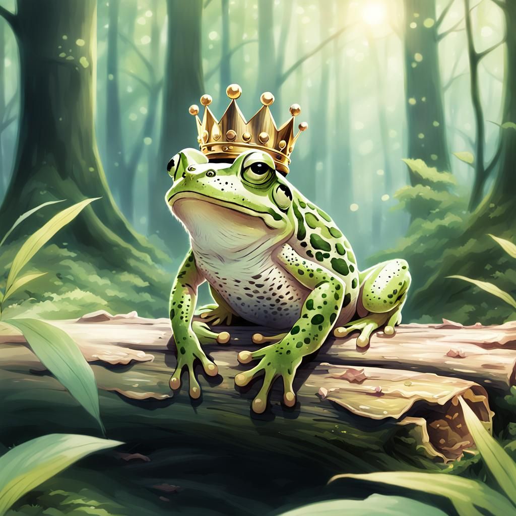 Crowned Frog on Log in Anime Style