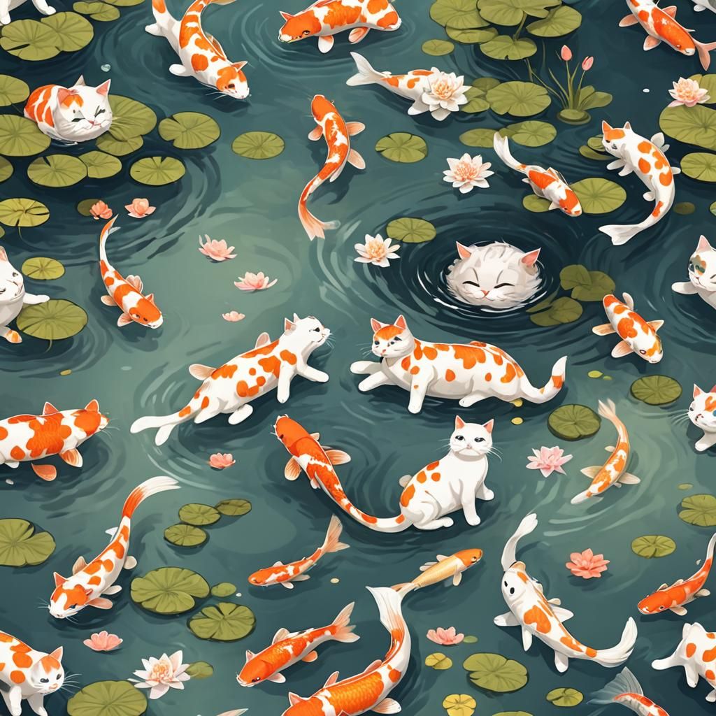 Cats Swimming with Koi Fish in Pond
