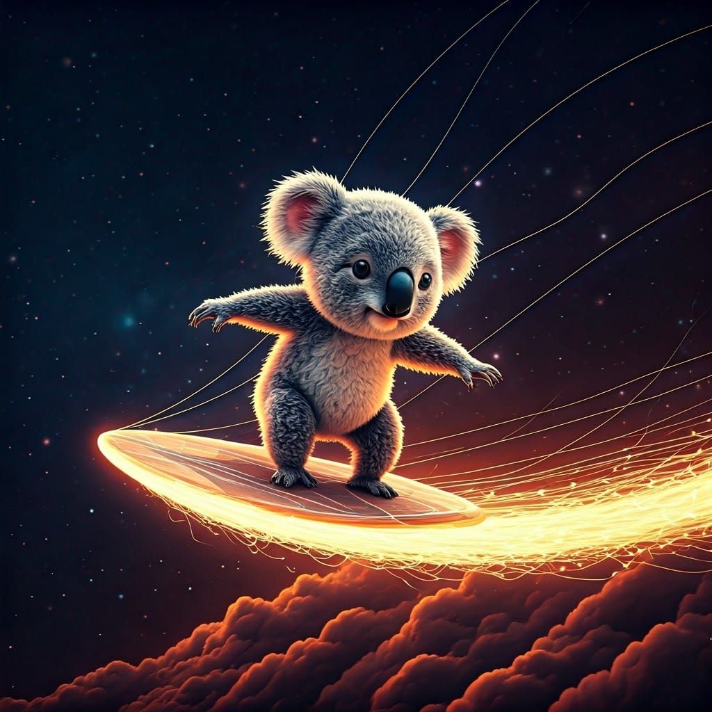 Surreal Cosmic Koala Surfer in Glowing Golden Light