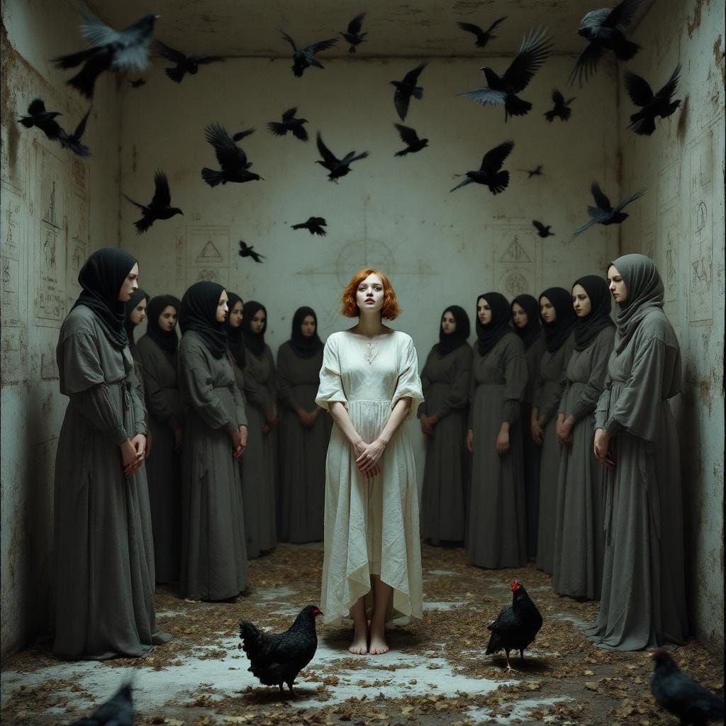 Surreal Ritual in a Dimly Lit Chamber