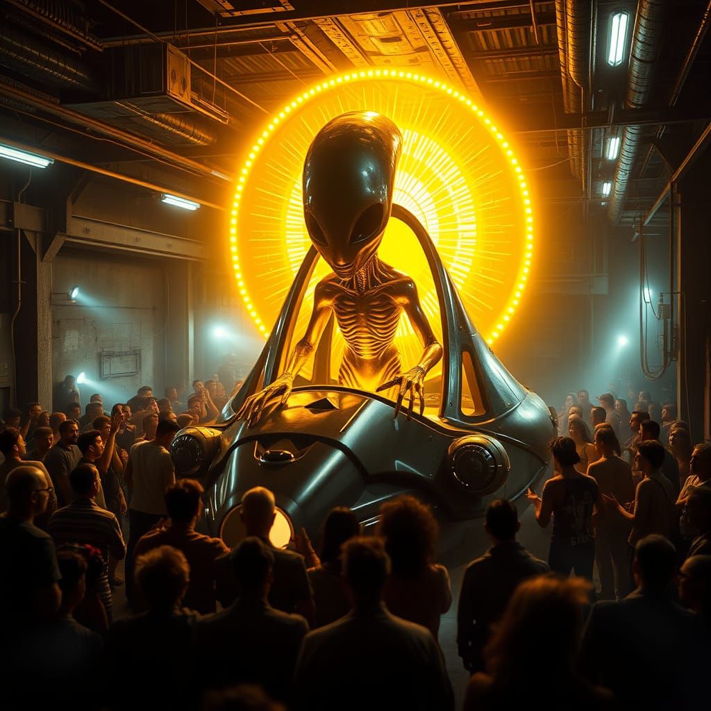 Golden Alien Radiance in Futuristic Rave Scene
