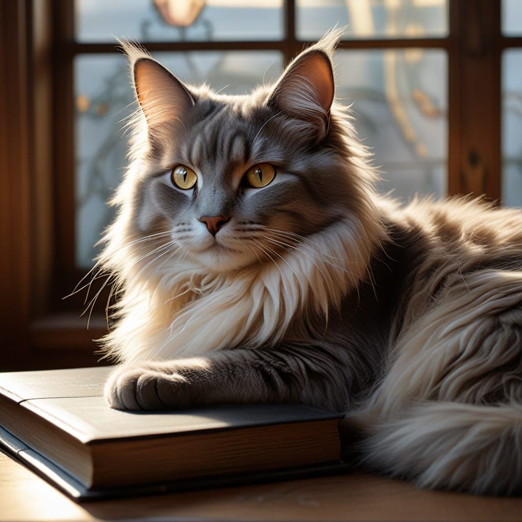 Majestic Angora Cat in Elegant Library Setting