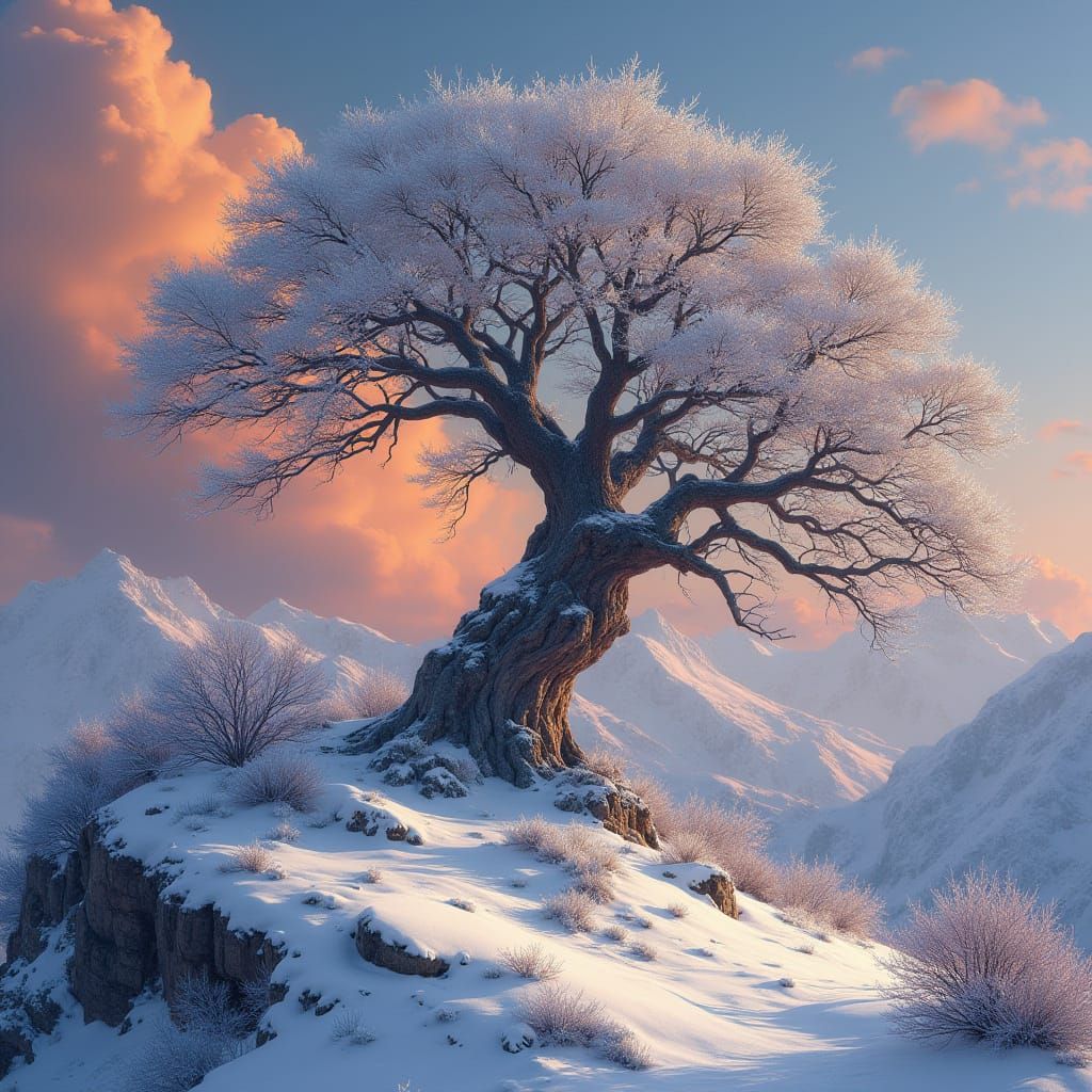 Ancient Oak Tree on Windswept Mountain Peak in Hyperrealisti...