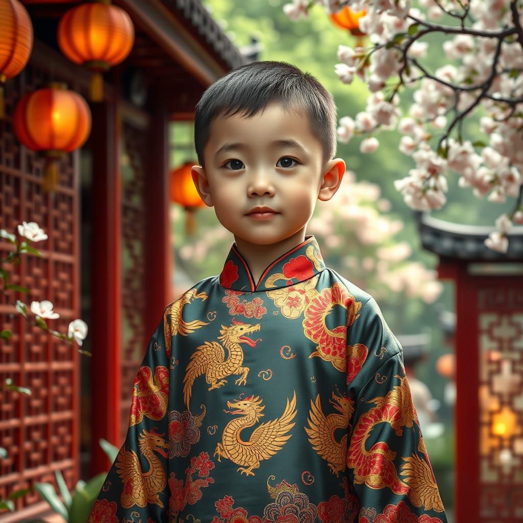 Serene Asian Youth in Vibrant Silk Kimono, Delicate Asian Ga...