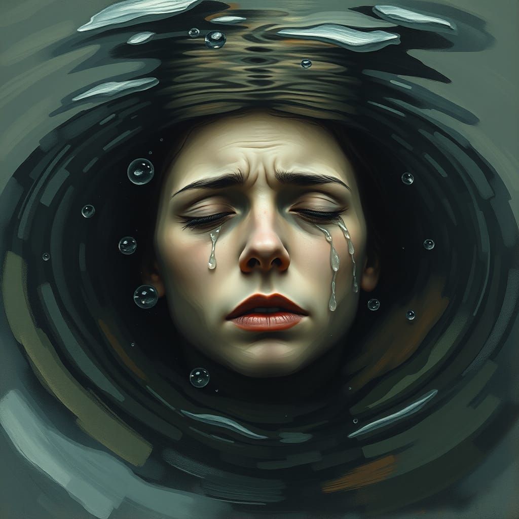 Sorrow Drowns Woman in Eerie, Ethereal Tearscape