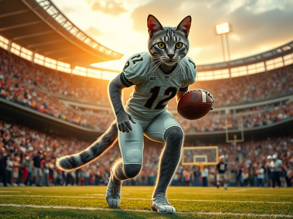 Realistic Cat Footballer in Stadium