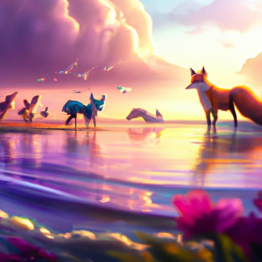 Blue and Purple Fox Walks on Water at Sunset