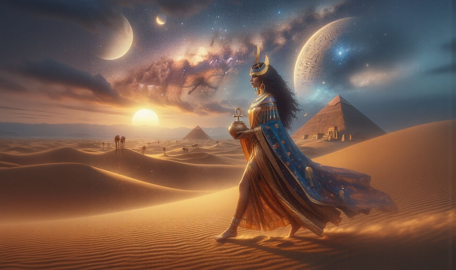Egyptian Priestess in Desert Twilight: Cinematic Landscape