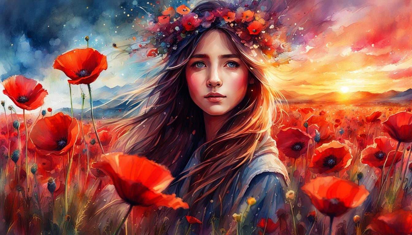 Woman in Poppy Field: Digital Watercolor Art