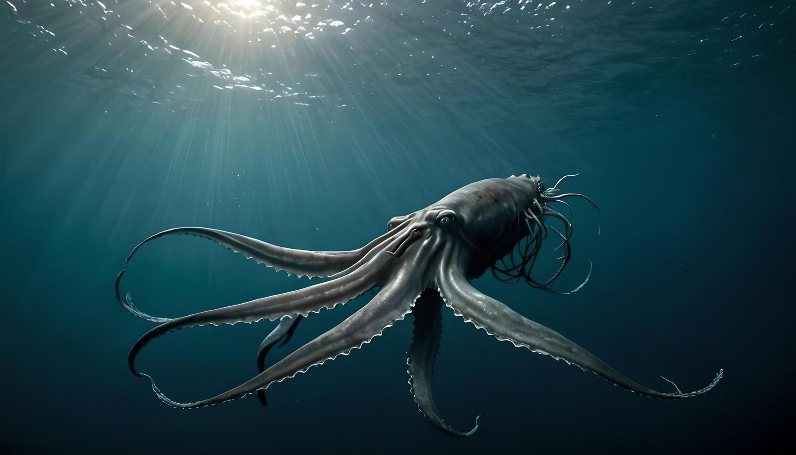 Giant Squid Hunting Sharks in Bioluminescent Deep Sea