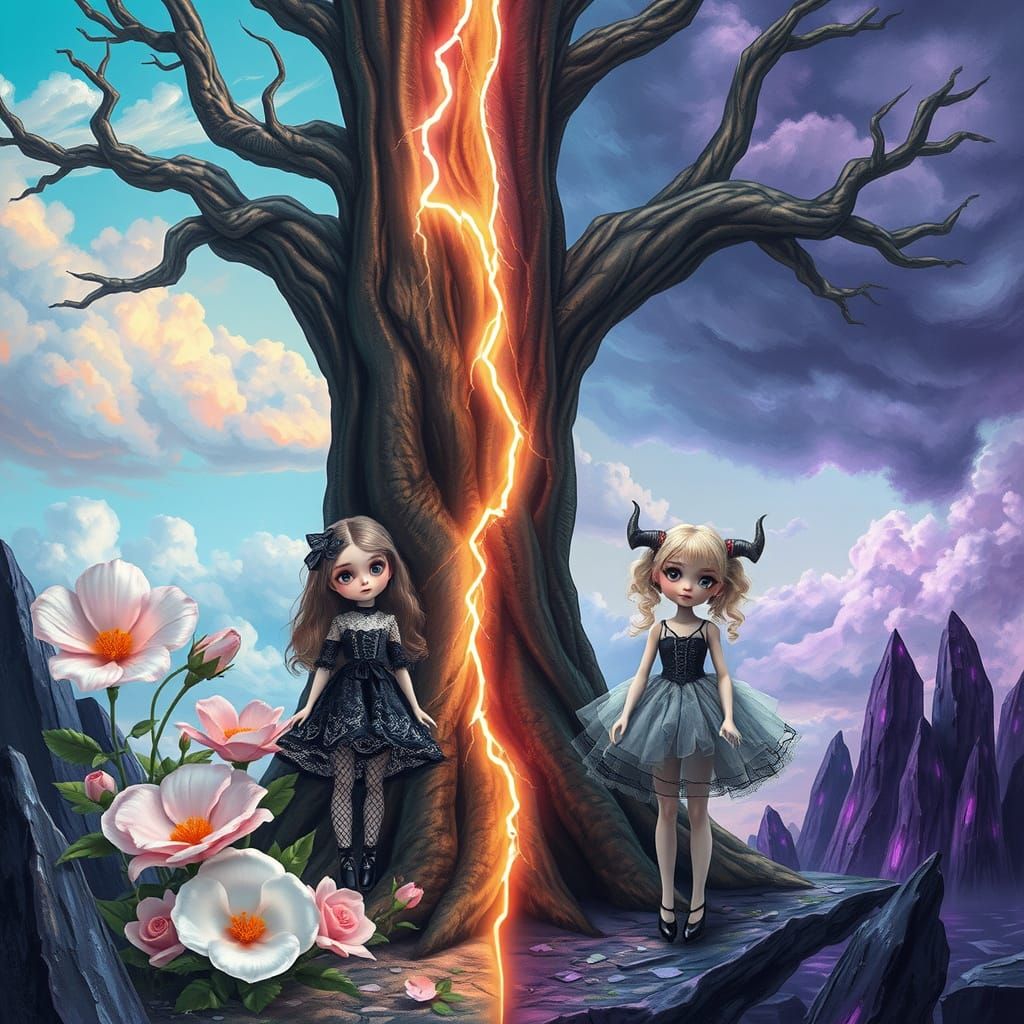 Goth Doll & Evil Doll Under Lightning Tree