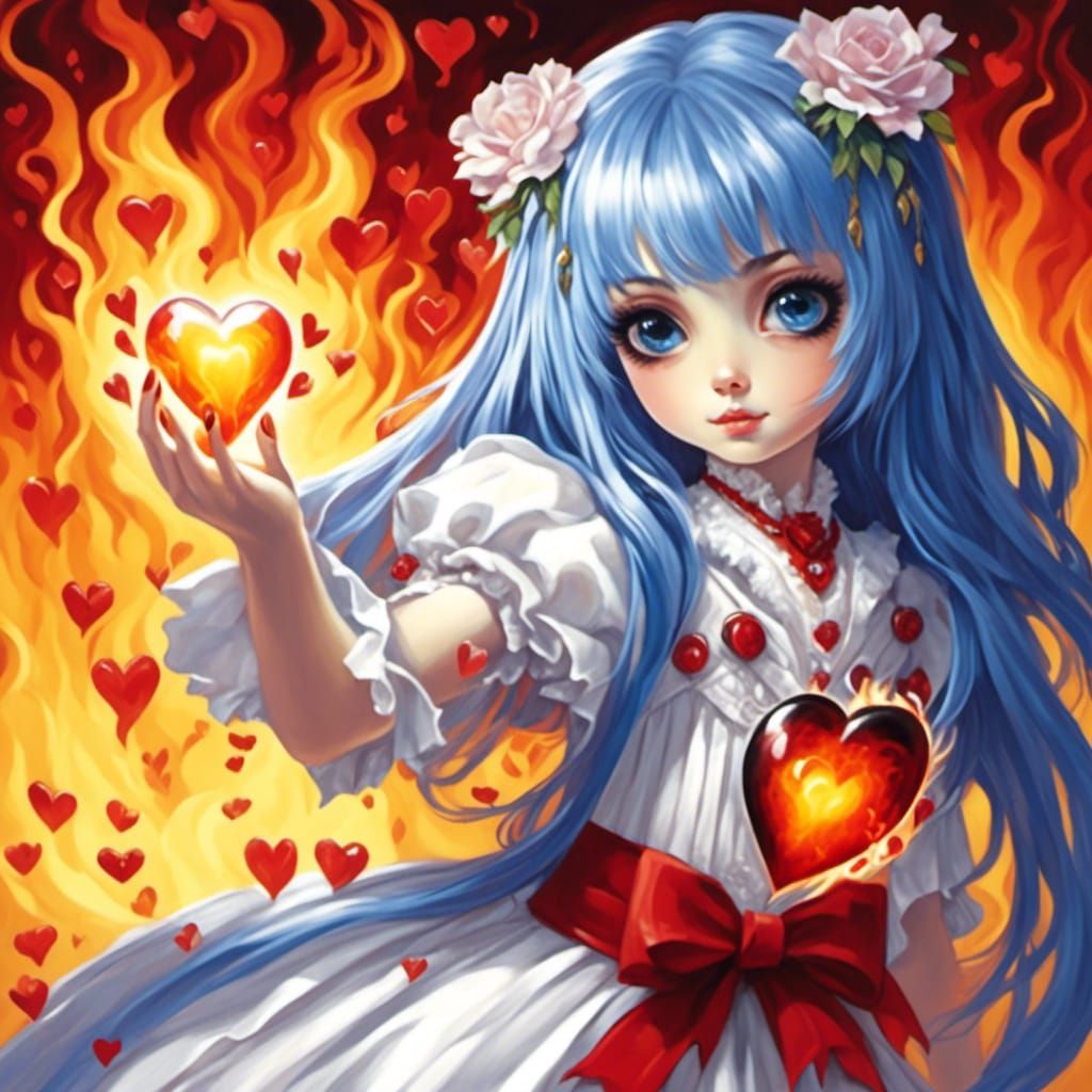 Girl Holding a Burning Heart: Digital Art