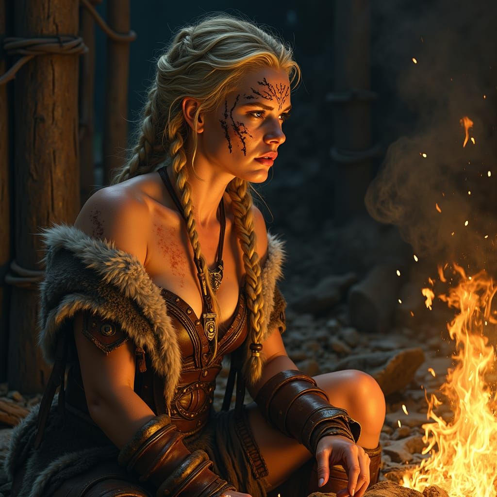 Nordic Warrior Woman in Cottage, Rembrandt Lighting