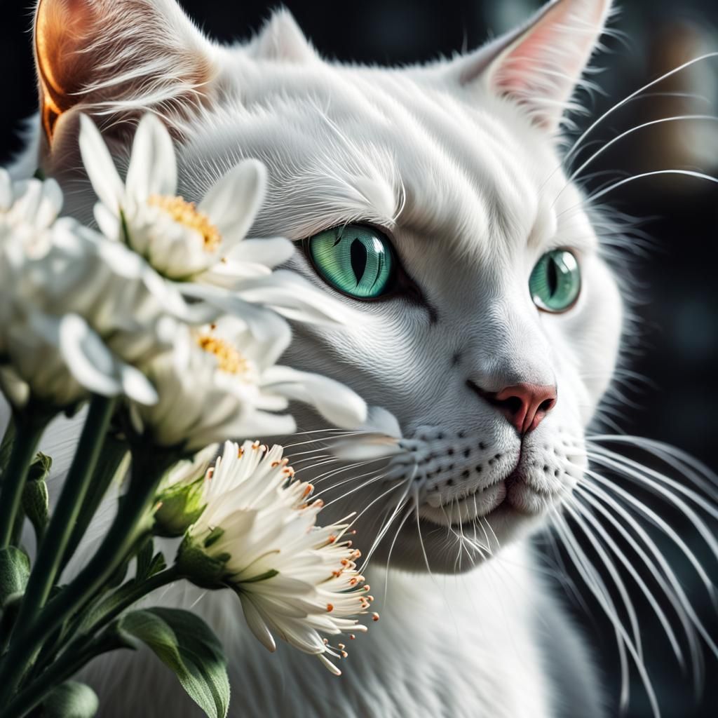 White Cat Sniffing White Flower in Hyperrealistic Style