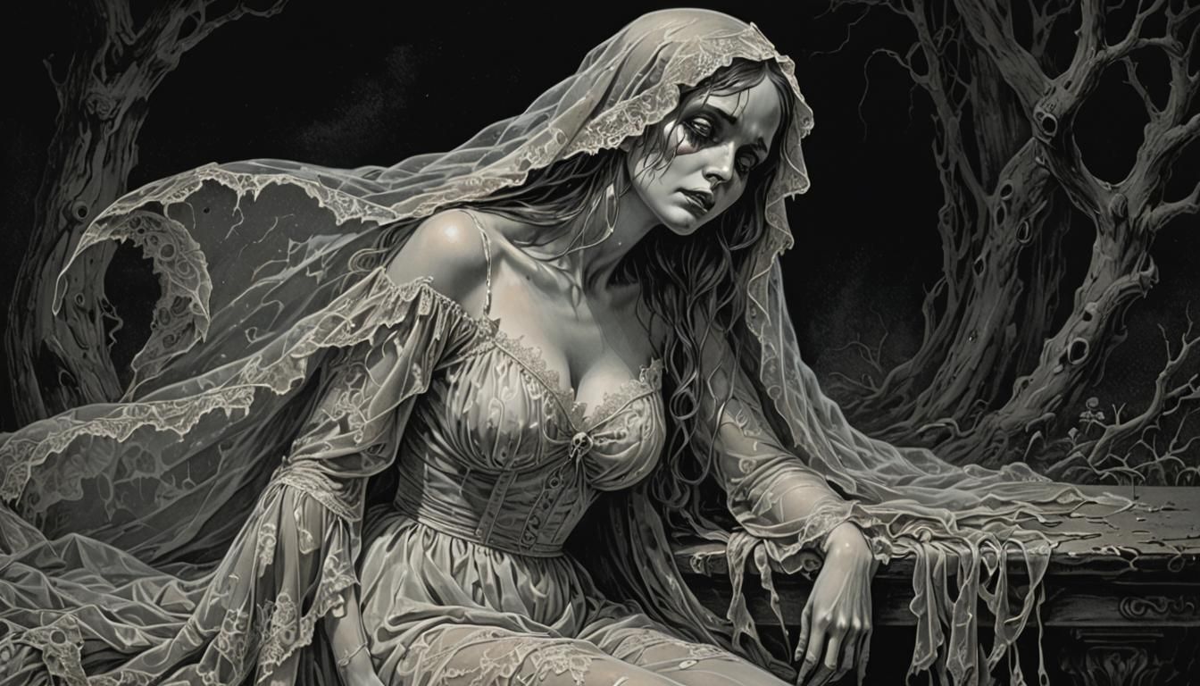 Ghost Pinup in Lace: A Dark Engraving