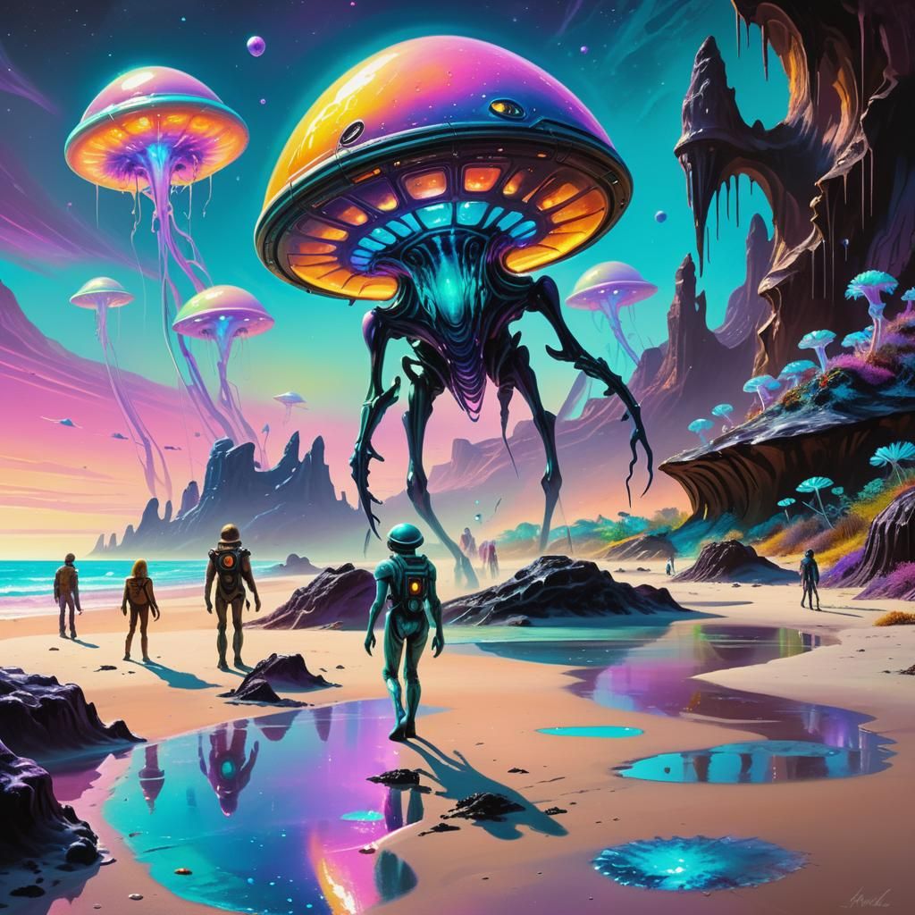 Bioluminescent Beach on Alien Planet: Sci-Fi Concept Art