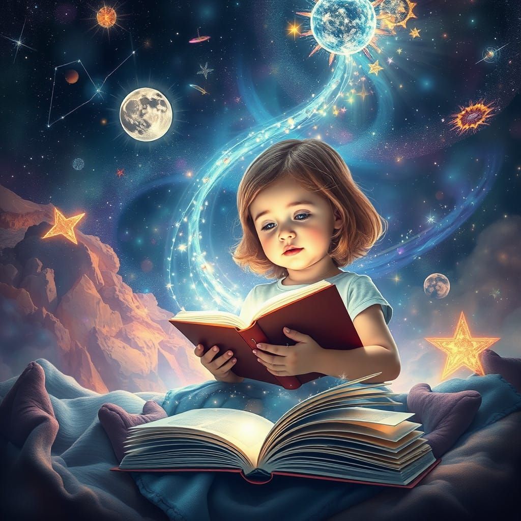 Little Girl Discovers Cosmic Wonders in Open Books
