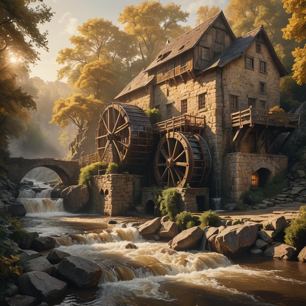 Nostalgic Watermill on River in Golden Light