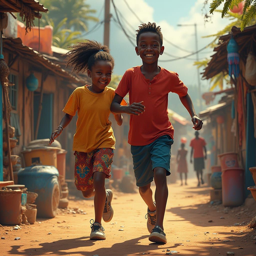 Vibrant African Village Scene with Couple and Table