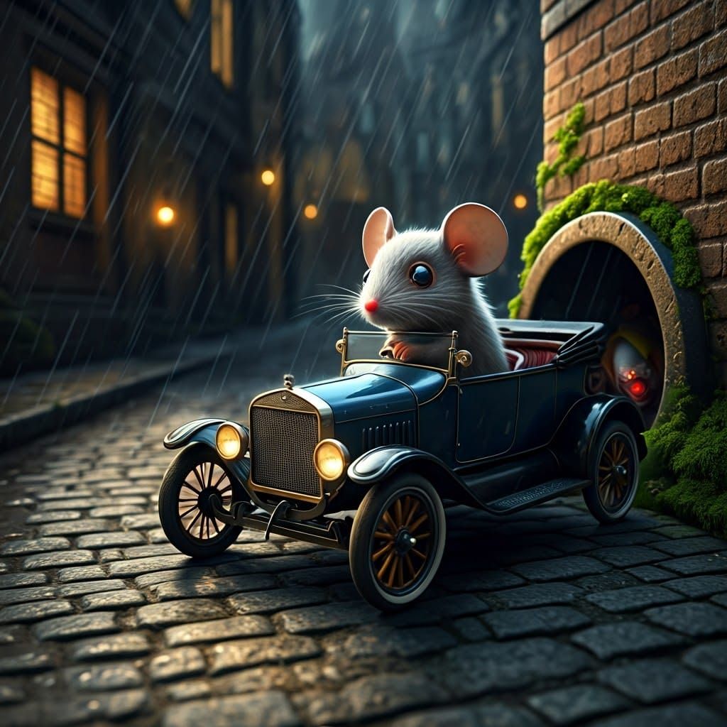 Mouse Driving Ford T in Rain, Rutkowski Style