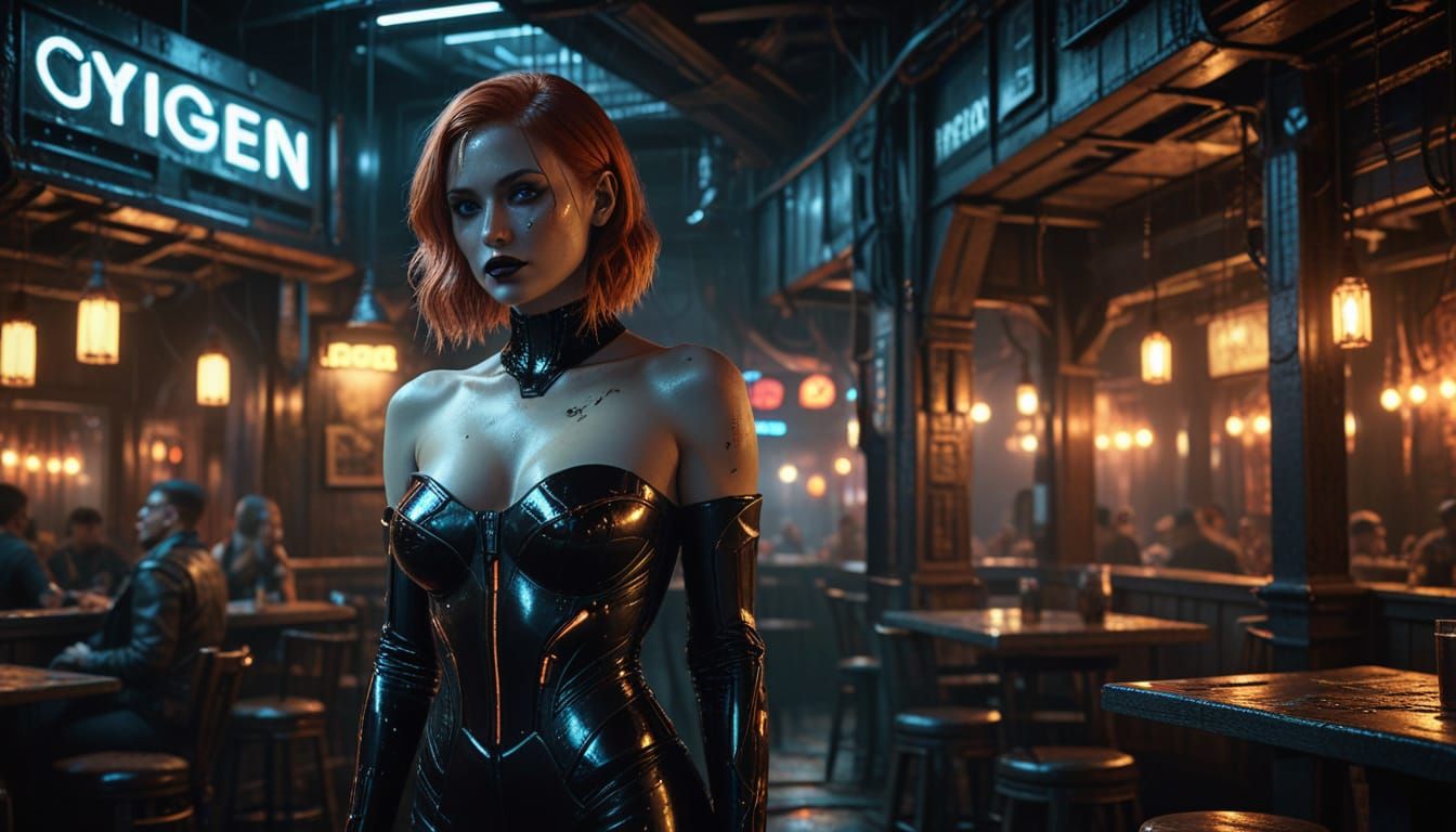 Gritty Cyberpunk Woman in Neon-Lit Tavern