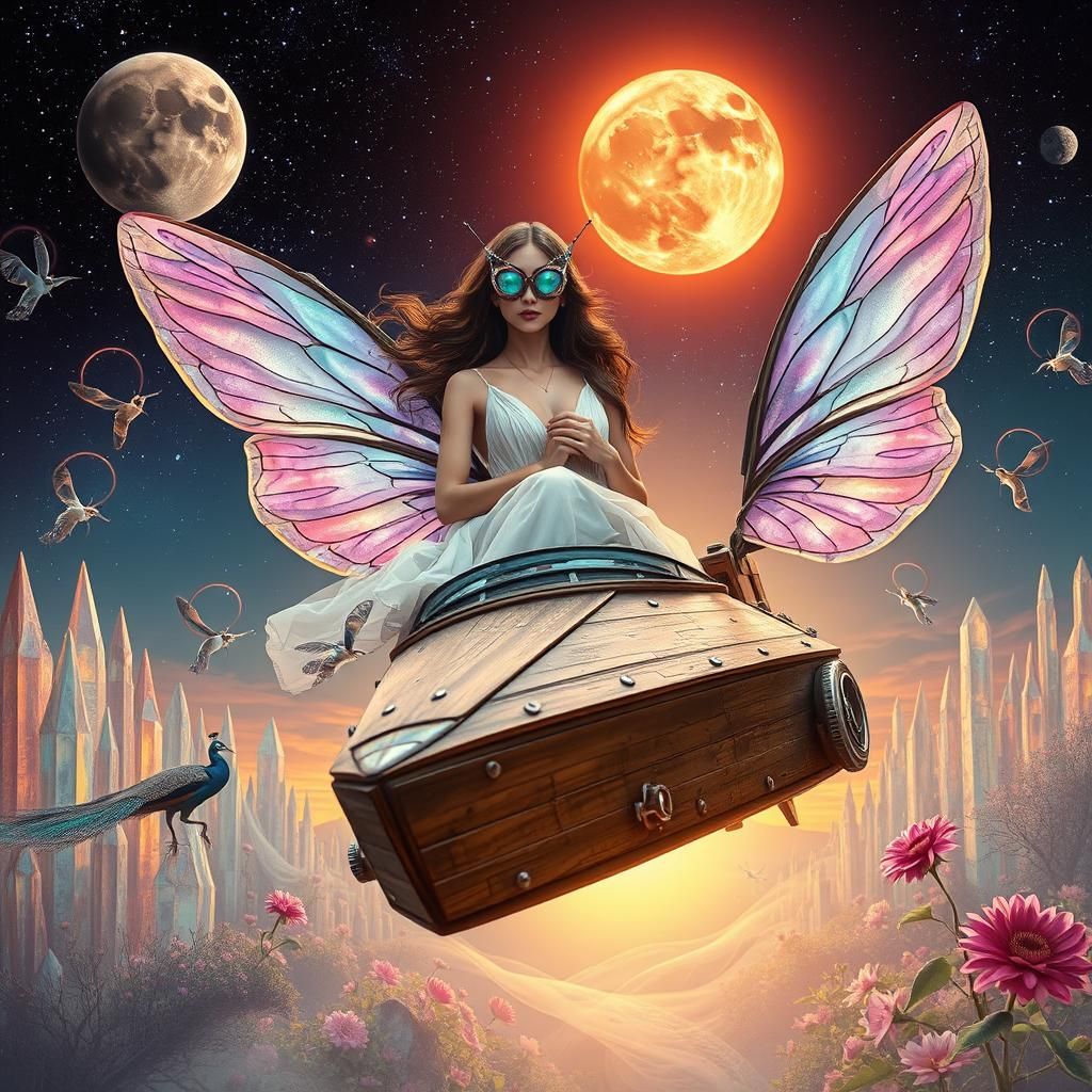 Woman on Rustic Spaceship in Galaxy at Sunset