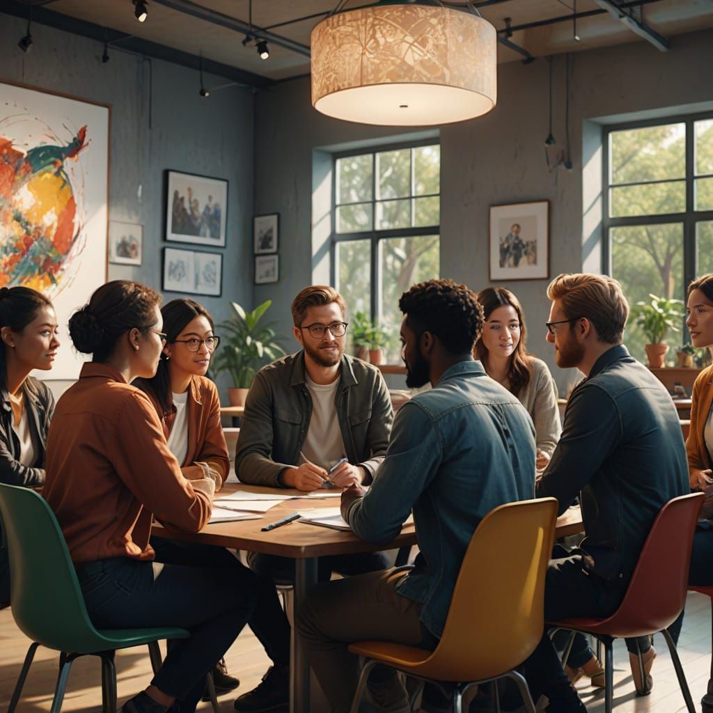 Diverse Group Discussing Around Table in Modern Room