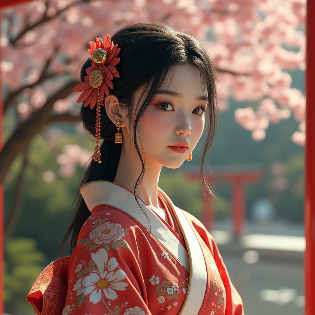 Kimono Woman Under Cherry Blossoms in Dreamlike Style
