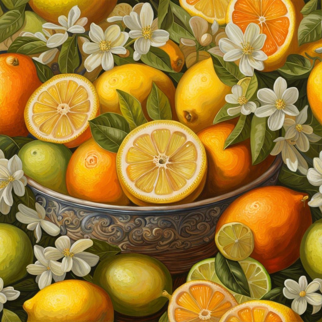 Vibrant Citrus Fruit Still Life with Blossoms