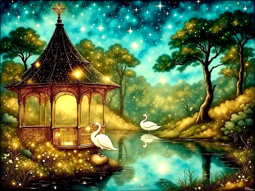<lora:RackhamStarrOld-F:1.0> Gazebo, pair of swans, lake, trees, grass, fantasy landscape
