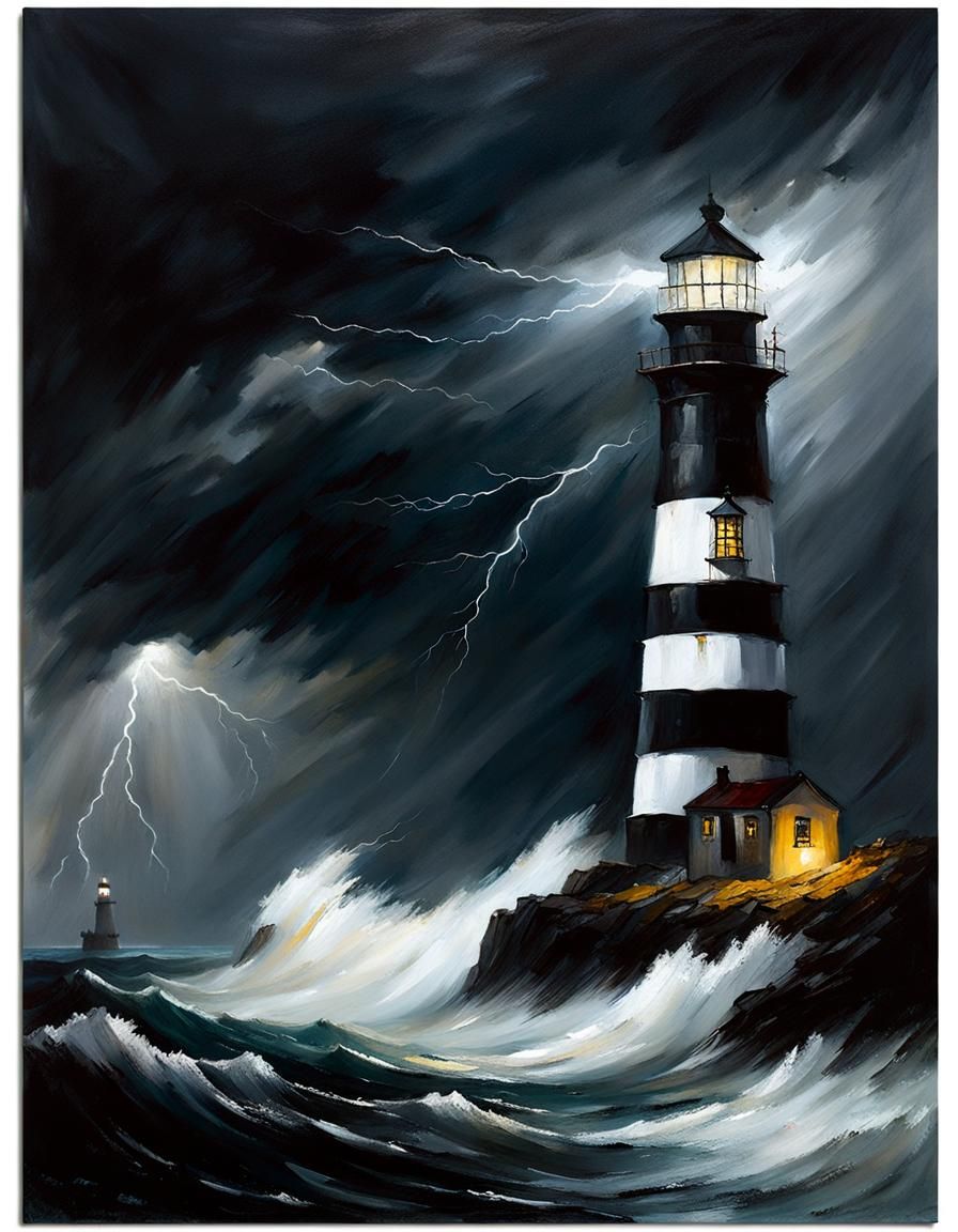 Lighthouse in Stormy Seas: Oil Painting