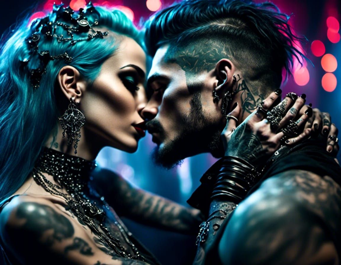 Cyberpunk Kiss in a Nightclub Scene