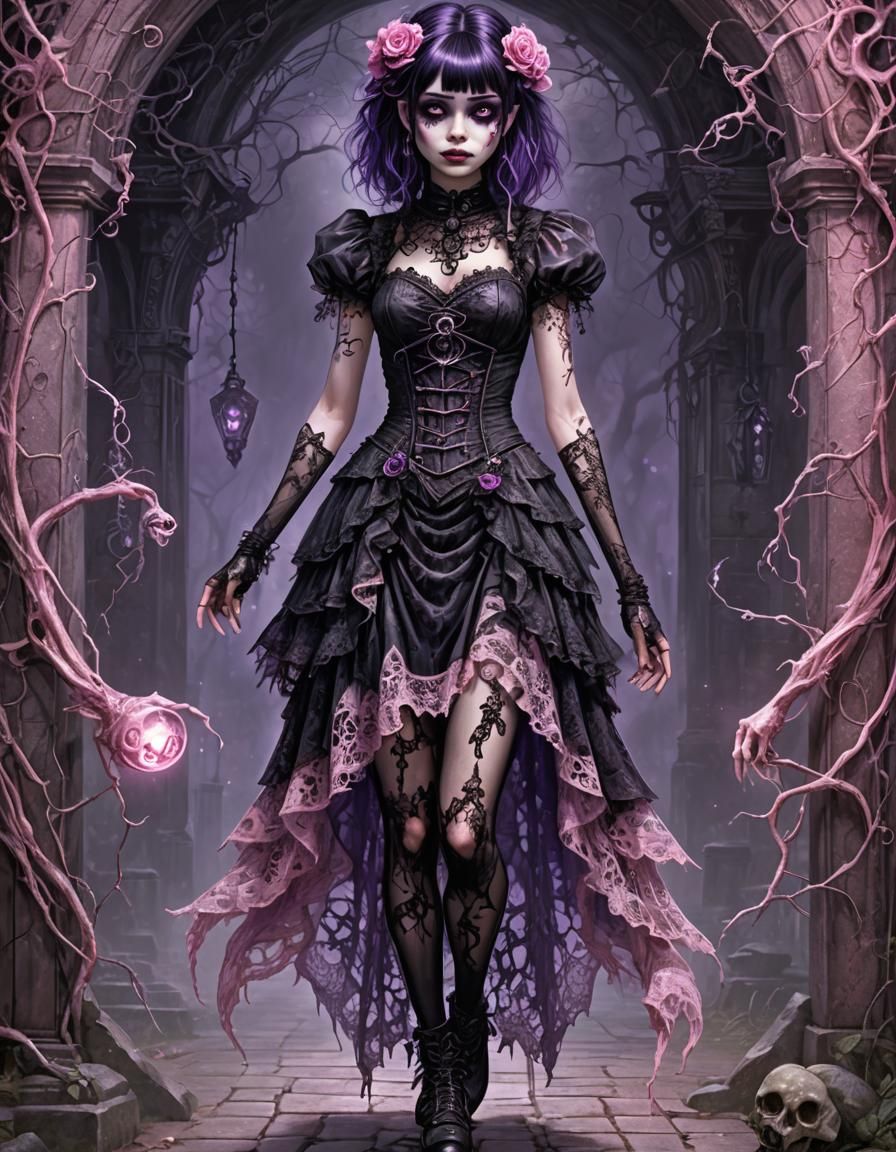Cute Goth Woman in Bioluminescent Horror Fantasy