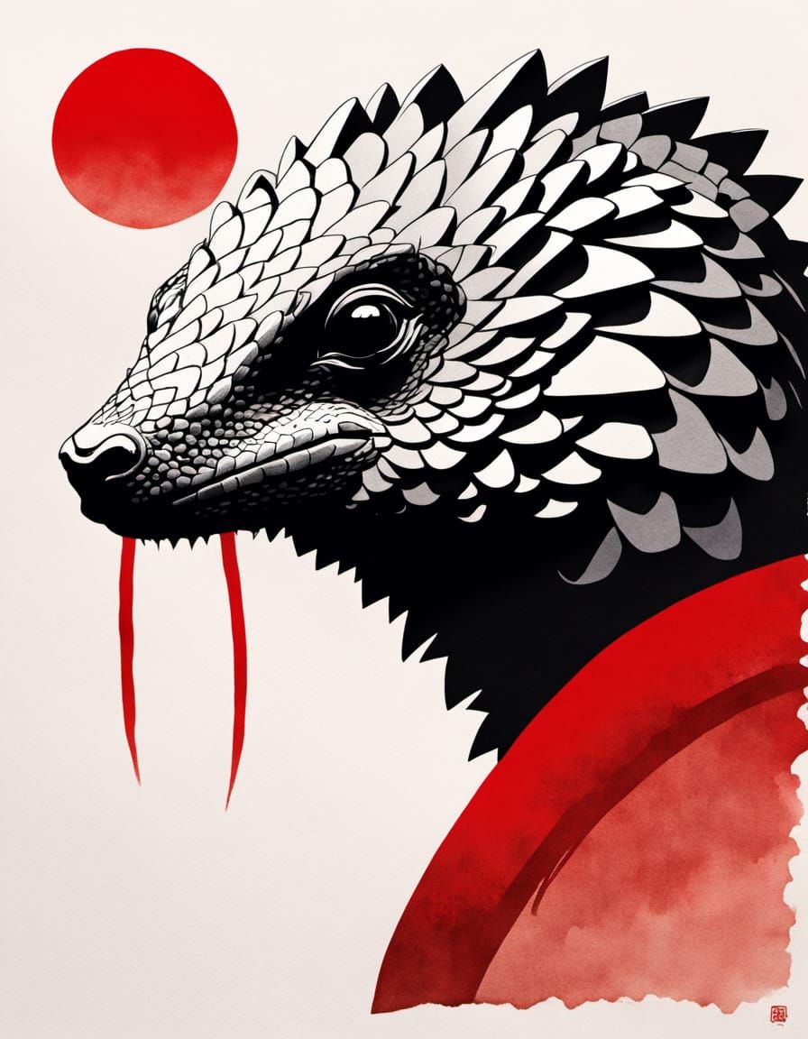 Pangolin Ninja in Sumi-e Style With Red Sun