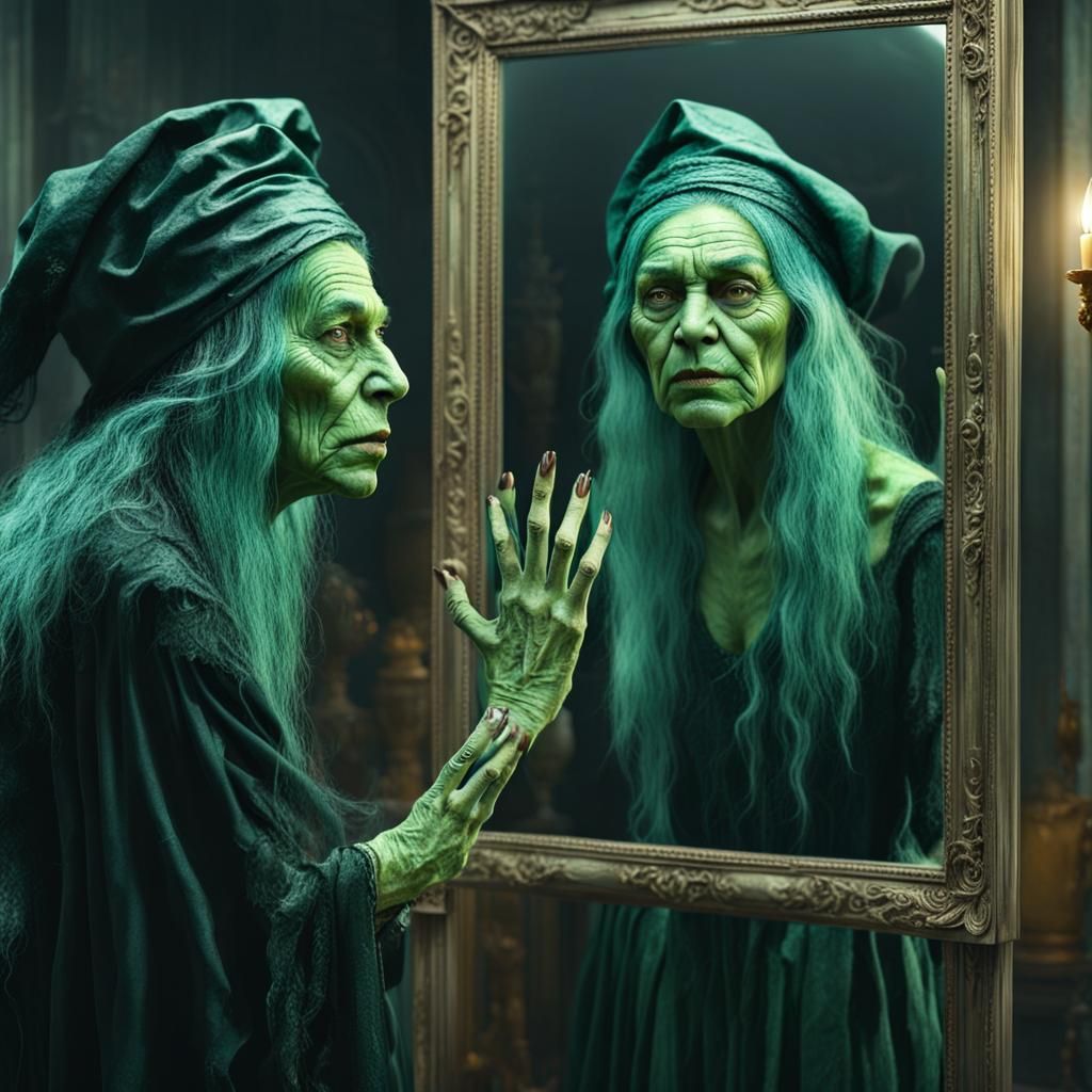 Green Witch Mirror Reflection in Hyperrealistic Style