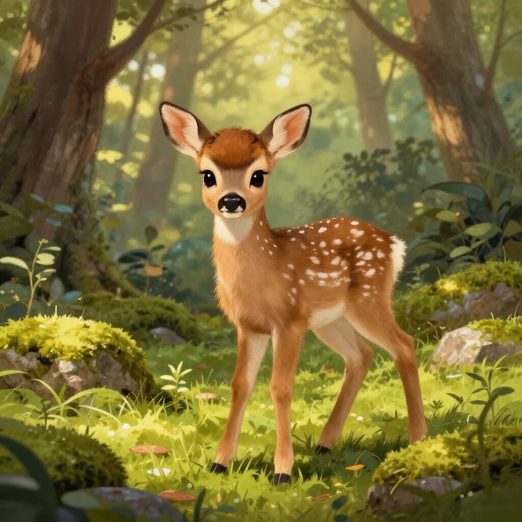 Charming Baby Deer in Sun-Dappled Forest Clearing