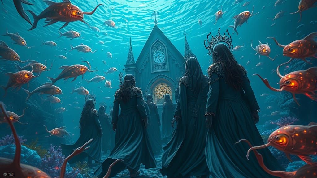 Underwater Gathering: Church and Bioluminescent Sea Life